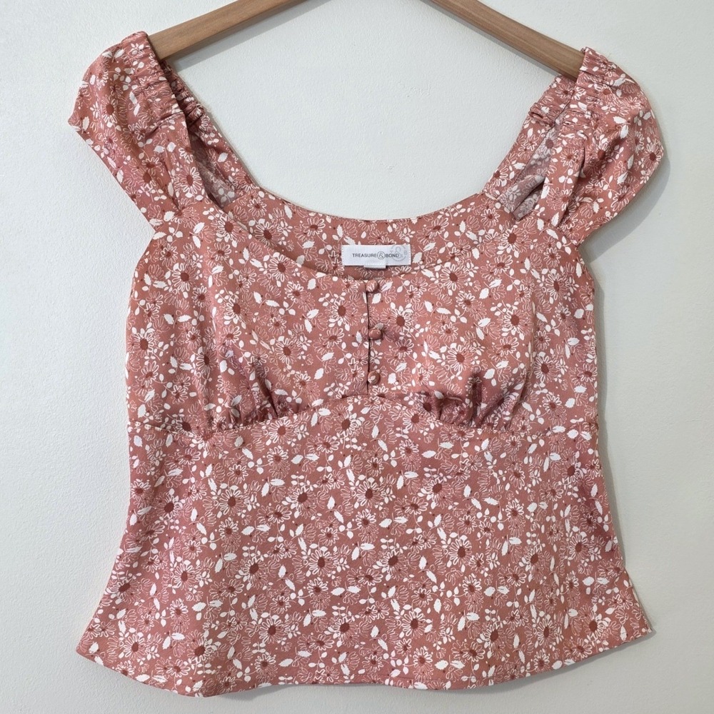 Treasure‎ & Bond Ditsy Floral Babydoll Top Sz S Pink Satin Y2K Preppy Fairy
